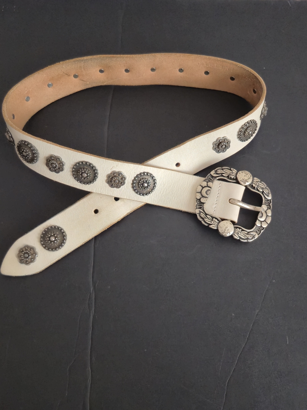 Vintage White Leather Concho Belt 90s Western Boho Festival Silver Studded